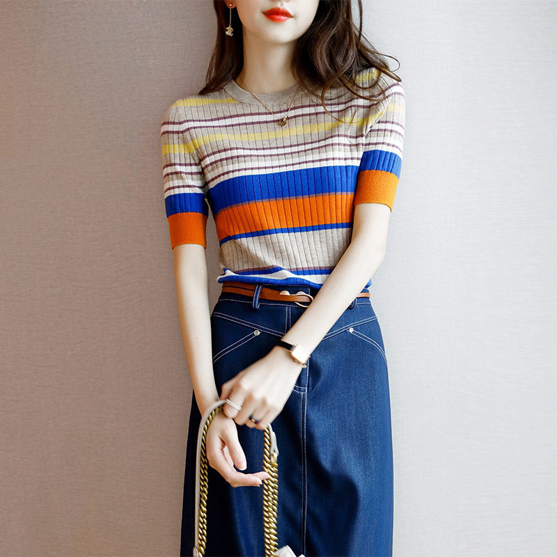 6893 Korean Style Age-reducing Elegant Rainbow Striped Knitted Base Shirt Short-sleeved Knitted Top High-grade T-shirt Thin