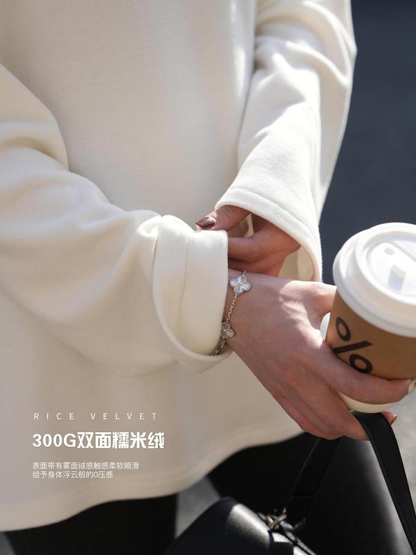 阿一 300g糯米双面绒亲肤圆领打底衫女秋季磨毛宽松白色长袖上衣|undefined
