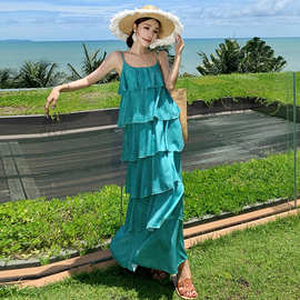夏季温柔气质荷叶边蛋糕裙吊带连衣裙泰国三亚海边拍照裙子