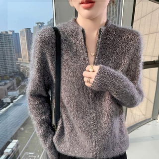 貂绒开衫花纱拉链开衫新款短款外套女宽松加厚打底羊毛上衣潮批发