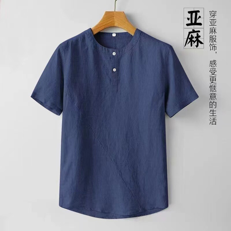 中国風紳士服リネン半袖シャツメンズ夏薄手カジュアルレトロ綿麻プルオーバー小襟シャツ|undefined