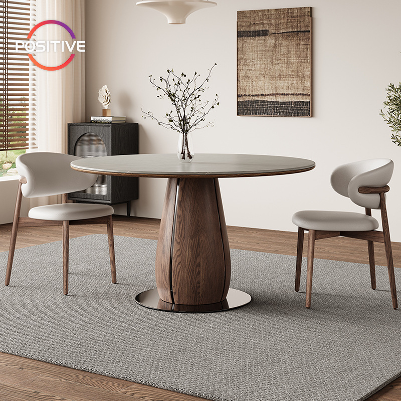 Mid Century Style Walnut Color Round Dining Table Home Apartment Style Stone Top Dining Table Eating Table