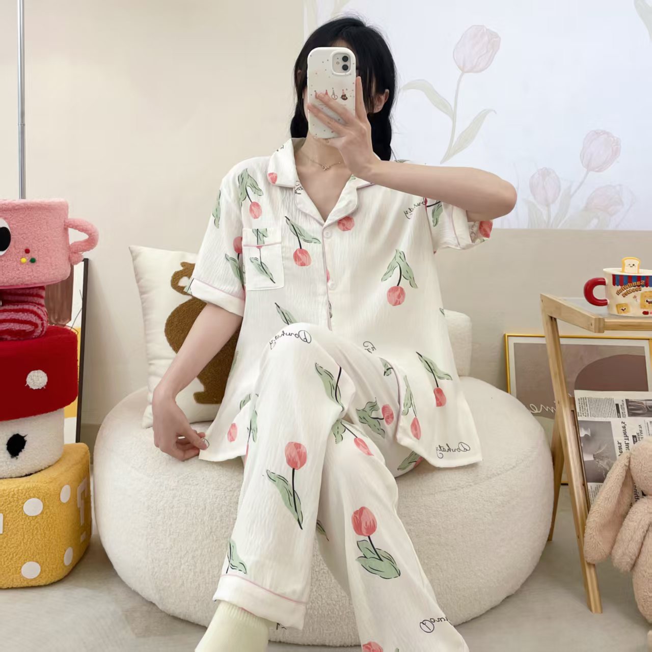 Comercio exterior al por mayor nubes de algodón de manga corta pantalones cardigans con la solapa pijamas de dibujos animados de mujer verano dulce ropa doméstica transfronteriza