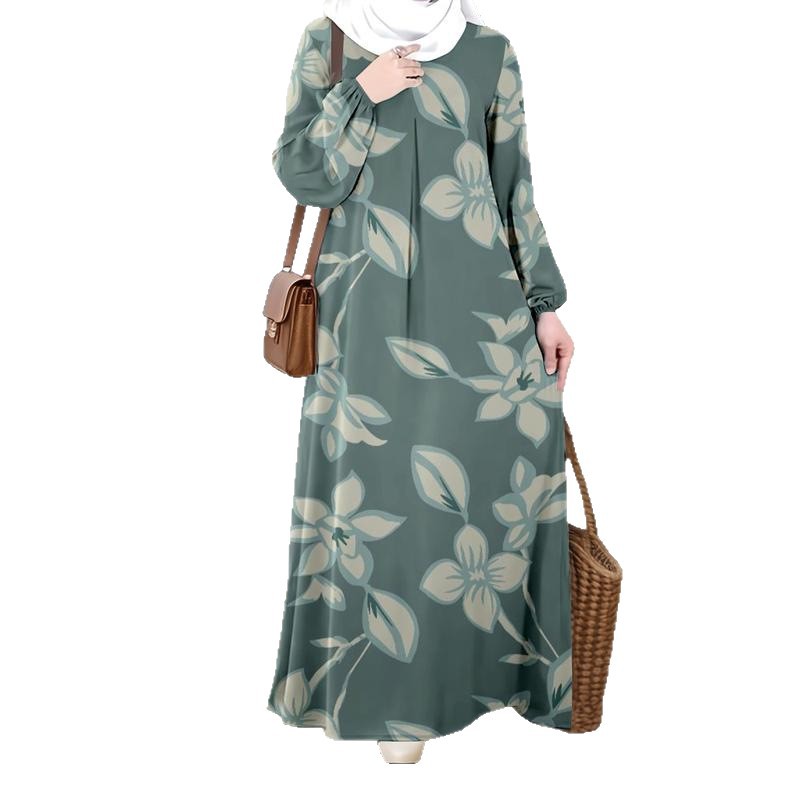 Bohemian Maxi Dress With Ethnic Print – Flowy Polyester Blend, Round Neck, 3/4 Sleeves (Sizes S-5XL, 5 Nature-Inspired Colors)_ecoleips.com