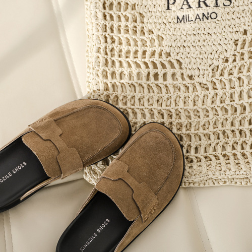 Genuine Leather Erjiu Boken Shoes Women's Baotou Half Slippers  New Spring and Summer Outerwear Soft-soled Thick-soled Lazy Shoes