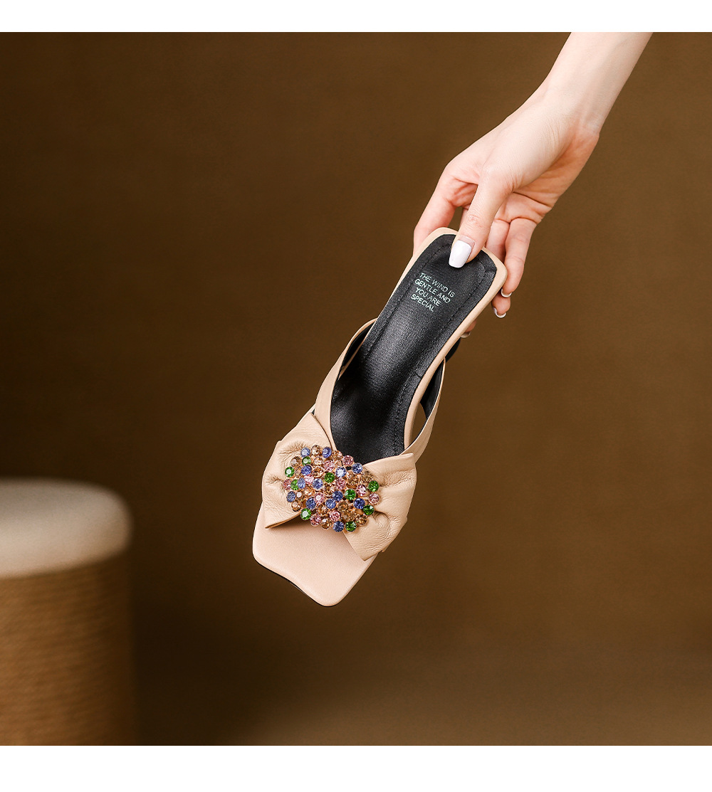 Sandal cao gót nữ hở mũi đính đá lấp lánh, gót 6 cm, mùa hè — đen chi tiết 12