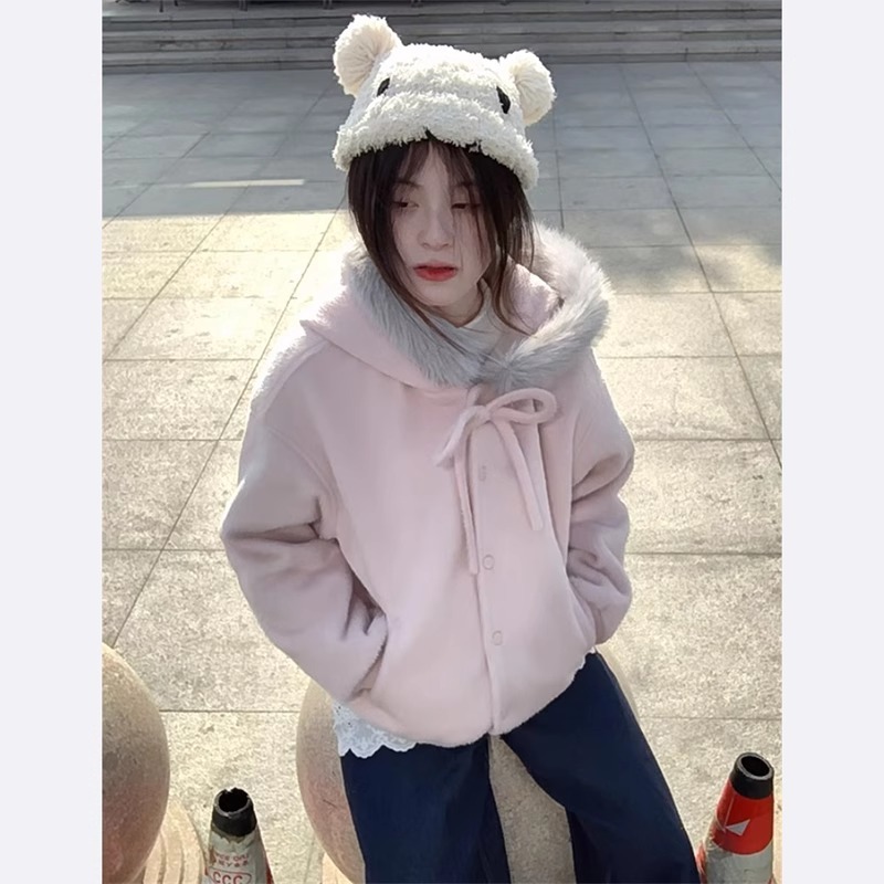 2025春秋新款温柔甜美粉色毛领连帽毛呢外套女韩系学院风卫衣夹克|undefined