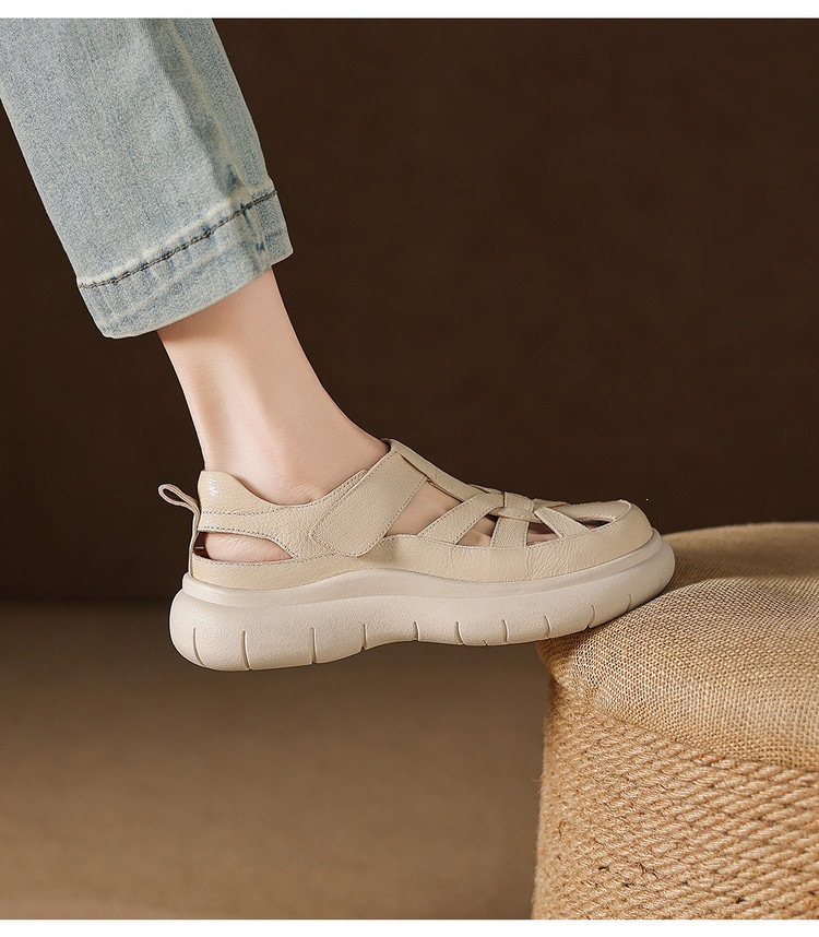 Sandal nữ đế dày da cừu phối quai ngang phong cách học đường — màu đen, màu trắng ngà chi tiết 19