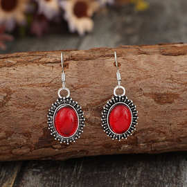 欧美跨境亚马逊新款复古耳饰时尚个性耳坠红宝石椭圆形耳环耳钩