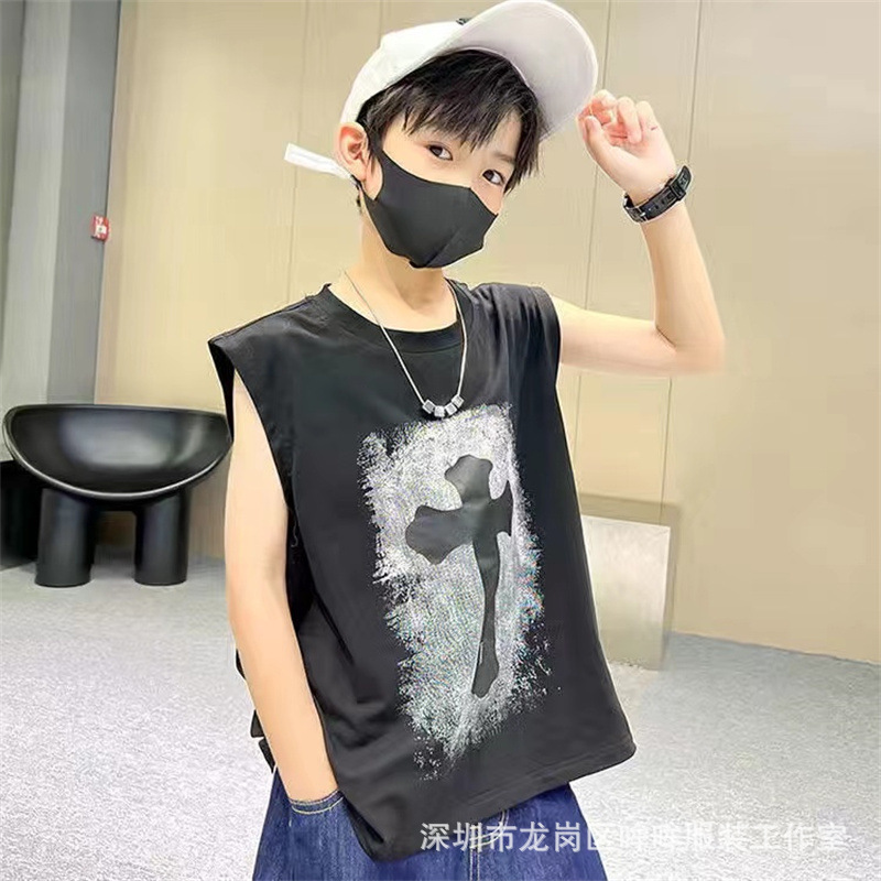 Verano 100% algodón chaleco sin mangas para niños 2023 Verano nuevos niños medianos y grandes dibujos animados chaleco impreso camiseta
