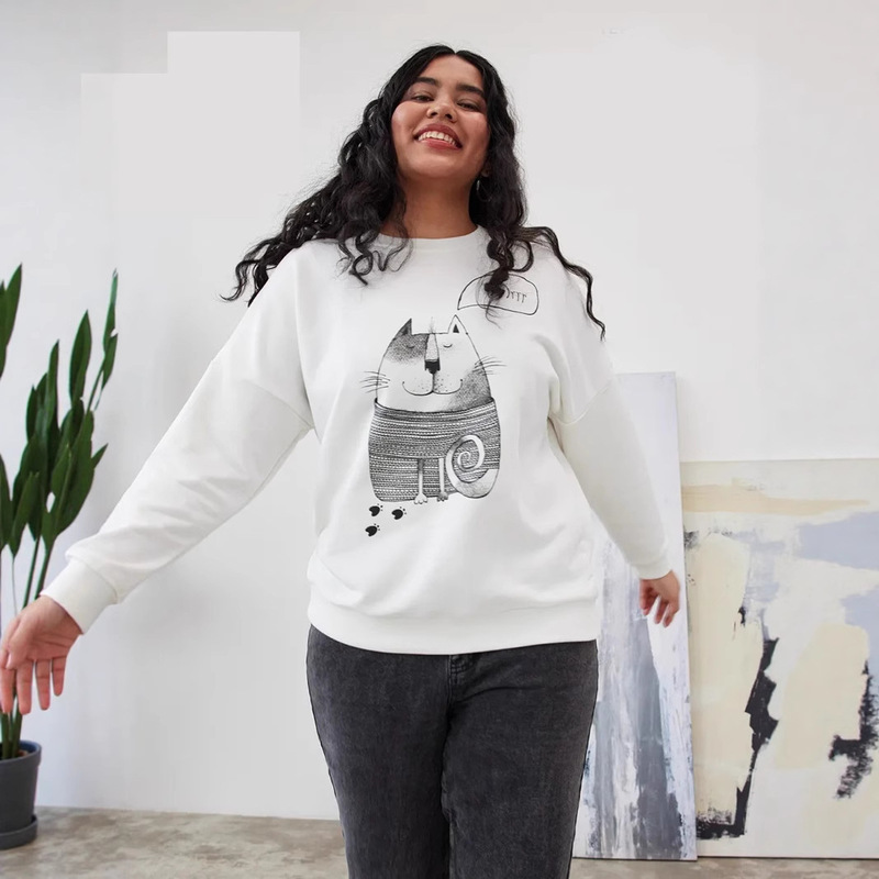 Plus-Size Loose Long-Sleeve Sweatshirt for Women, Autumn and Winter Korean Style, Loose Large Size Printed Versatile Top Women's Clothing