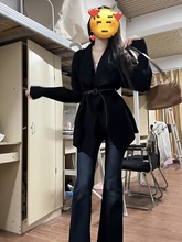 韩系感收腰中长款黑色毛衣外套女秋冬季不规则设计感针织开衫