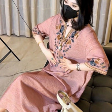 休闲气质棉麻中式国风重工刺绣连衣裙夏季新款宽松显瘦裙子女时尚