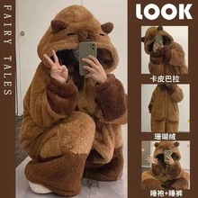 可爱卡通小浣熊珊瑚绒连体睡衣冬季新款小蜜蜂家居服连帽外穿高定