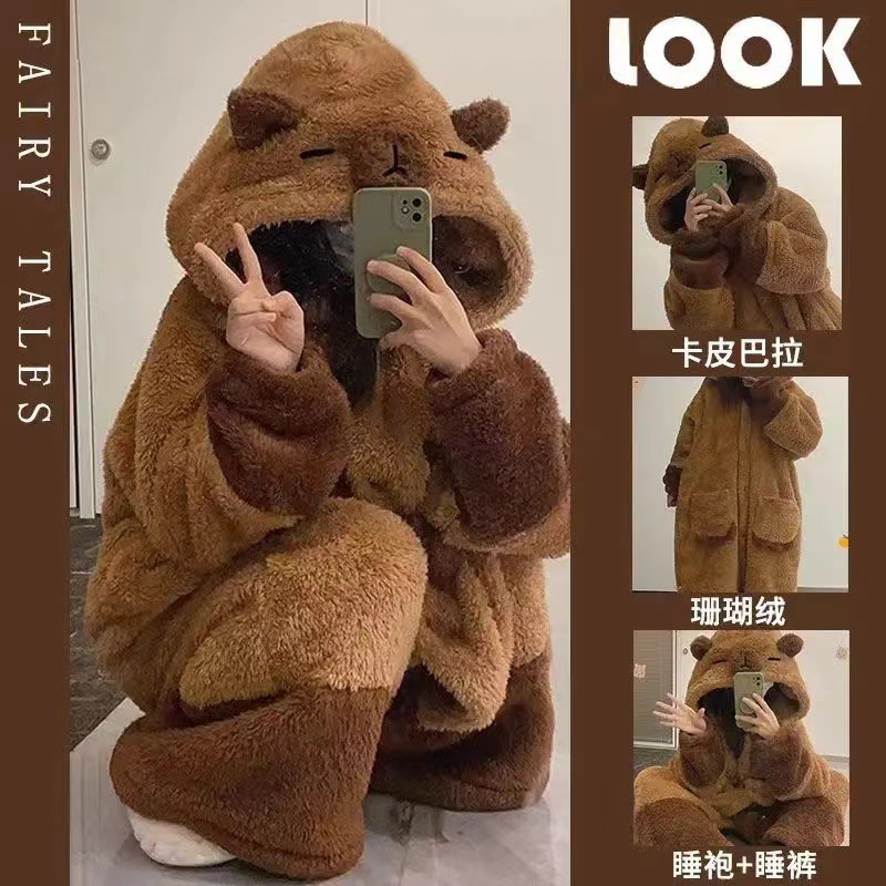 可爱卡通小浣熊珊瑚绒连体睡衣冬季新款小蜜蜂家居服连帽外穿高定