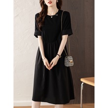 2024年夏季新款韩版简约风圆领纯色显瘦连衣裙女大码时尚黑色裙子