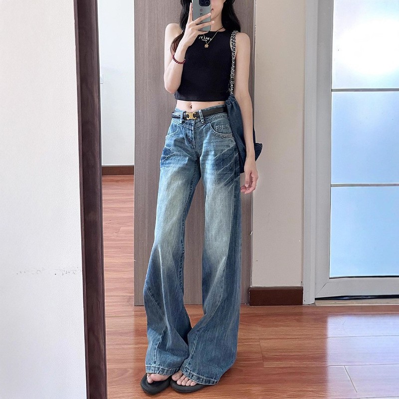 美式水洗阔腿牛仔裤女春秋季新款辣妹低腰宽松显瘦垂感直筒拖地裤|undefined