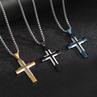 Cross-Border Amazon Simple Beveled Stainless Steel Cross Pendant Unisex Style Men's and Women's Niche Personality Wear Necklace