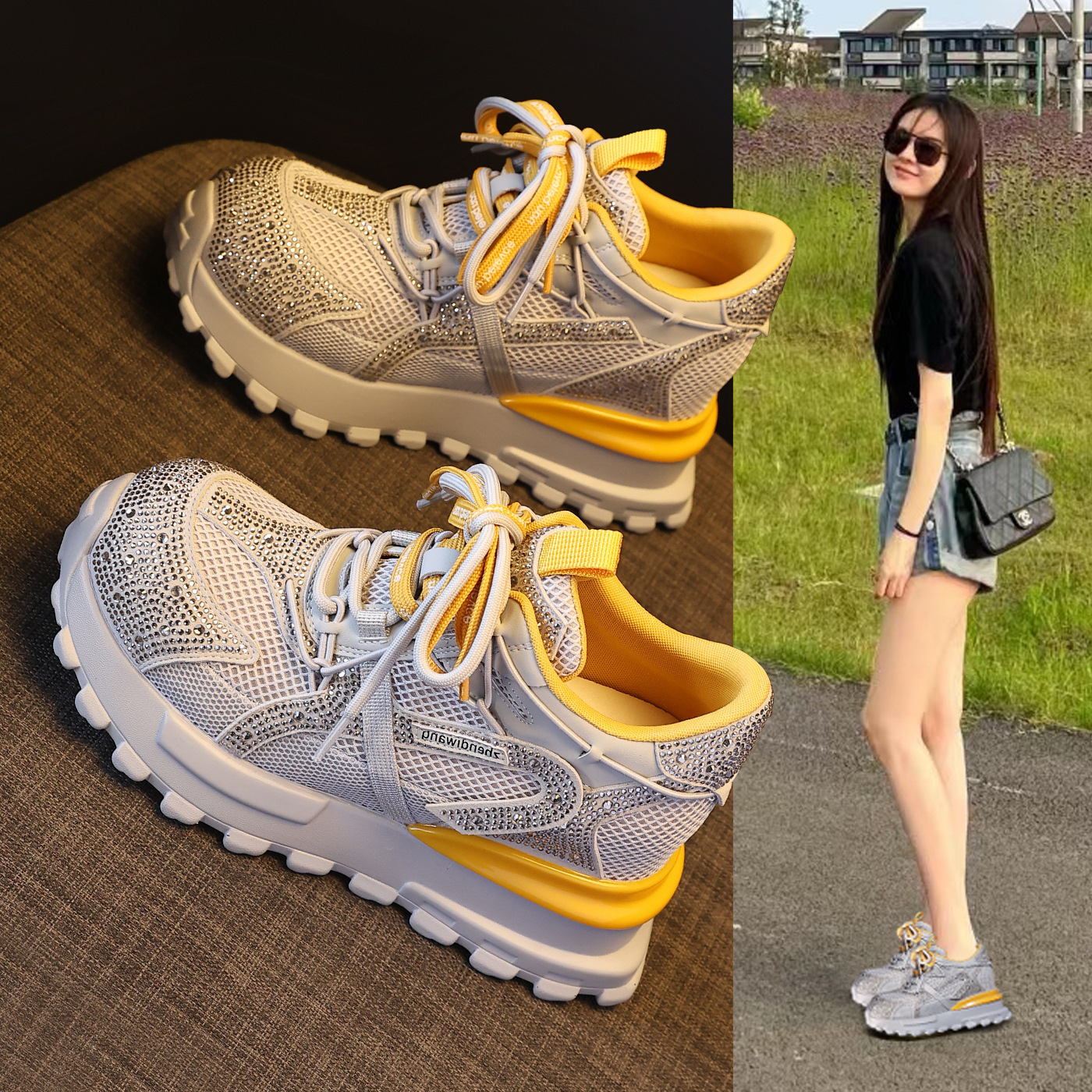 Giày sneaker nữ chunky đế dày lưới phối đá rhinestone — màu trắng