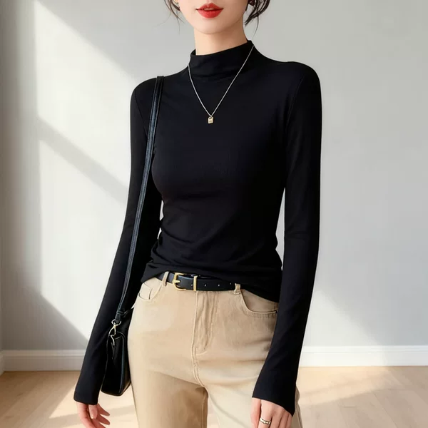 Half Turtleneck Long-Sleeved T-Shirt with Round Neck Design, Slim Fit Black Close-Fitting Bottoming Top, Half Turtleneck Sexy Inner Style