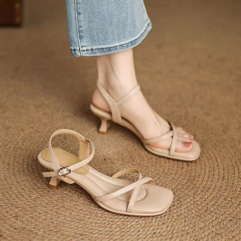 Summer high-heeled shoes, apricot sandals, 2025 years
