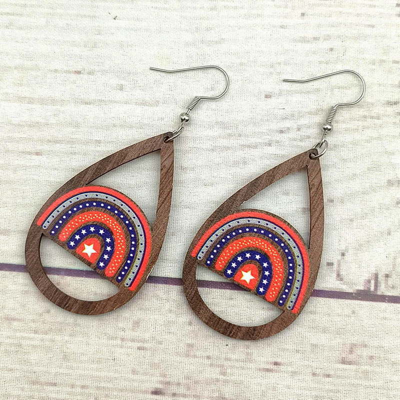 1 Pair Retro Simple Style National Flag Water Droplets Printing Wood Drop Earrings display picture 14