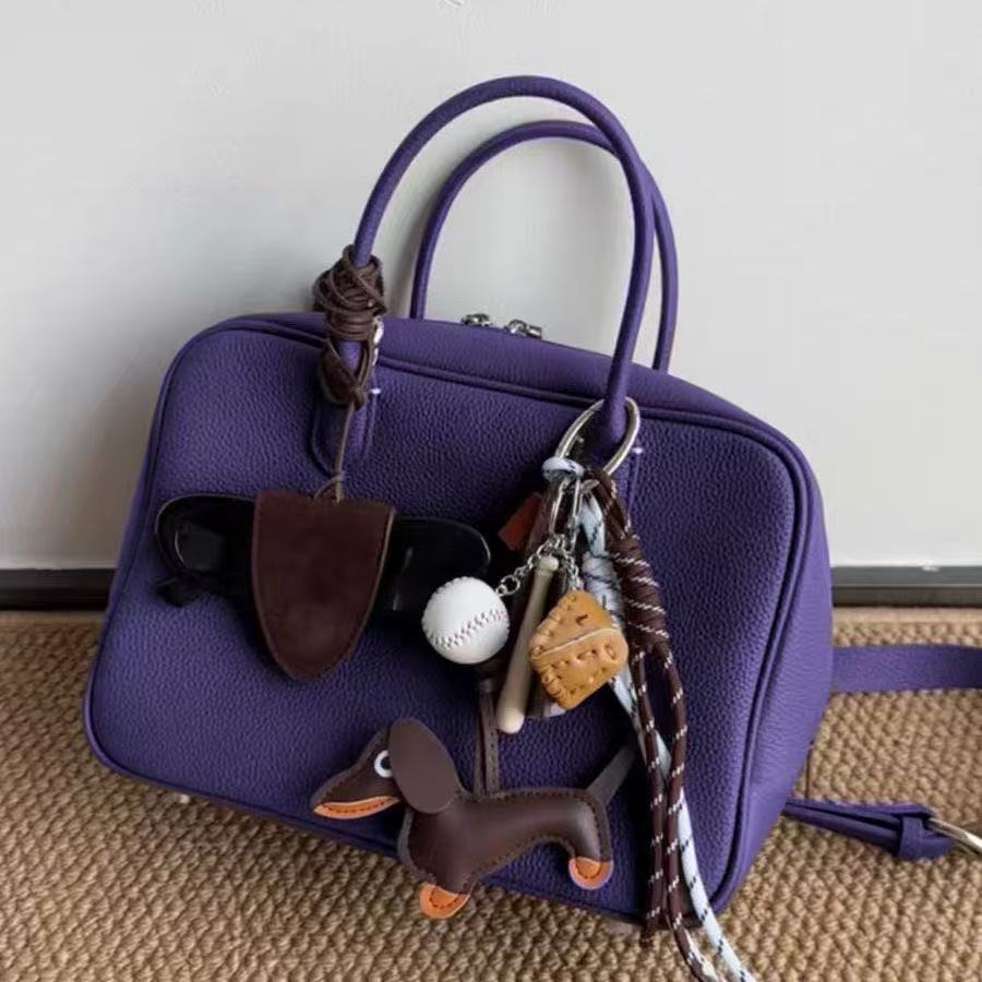 Purple Leather Boston Bag for Women 2026 New Model High-End Light Luxury Niche Commuter Handbag Bowling Bag