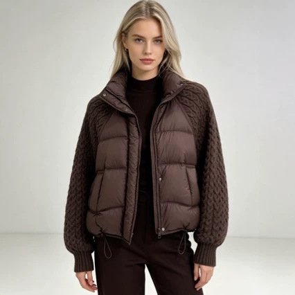 Cross-border 2026 Fall/Winter New Stand Collar Knitted Sleeve Patchwork Down Jacket for Women, Short Loose Slimming White Duck Down Coat
