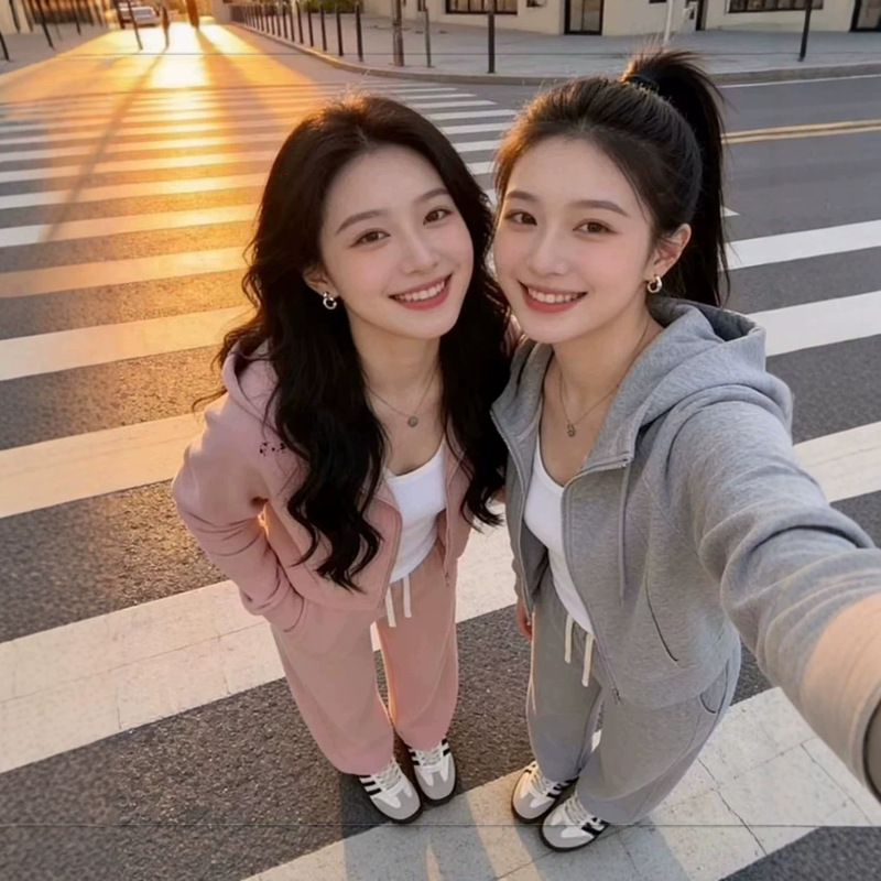 Korean-style casual sports suit for women, new spring and autumn collection, relaxed style, loose-fitting hooded sweatshirt jacket and wide-leg pants two-piece set Korean-style casual sports suit for women, new spring and autumn collection, relaxed style, loose-fitting hooded sweatshirt jacket and wide-leg pants two-piece set