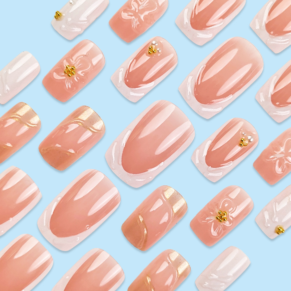 Ventas transfronterizas en caliente 3D flor manicure polvo desnudo punto de perla perforado estilo francés 24 piezas de parche de uñas