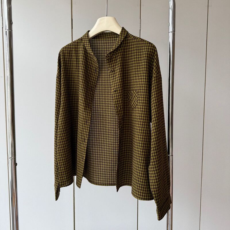 Moss green checkered imported fabric! Wool + cotton, curved collar, multi-button, lightweight and elegant long-sleeve women's shirt, new for autumn