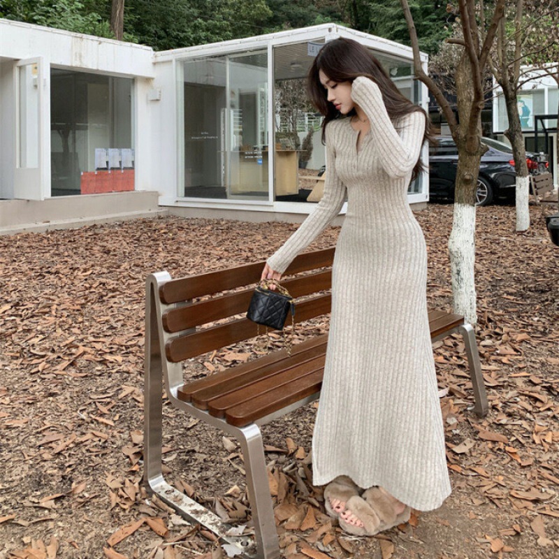法式气质针织毛衣连衣裙女秋冬季新款大衣内搭打底修身长裙子|undefined