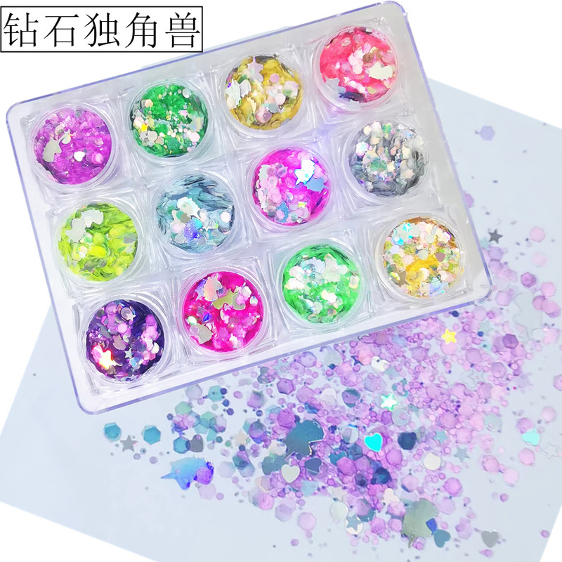 Cross-border supply nail Diamond unicorn sequins diamond powder laser star love sequins epoxy quicksand material
