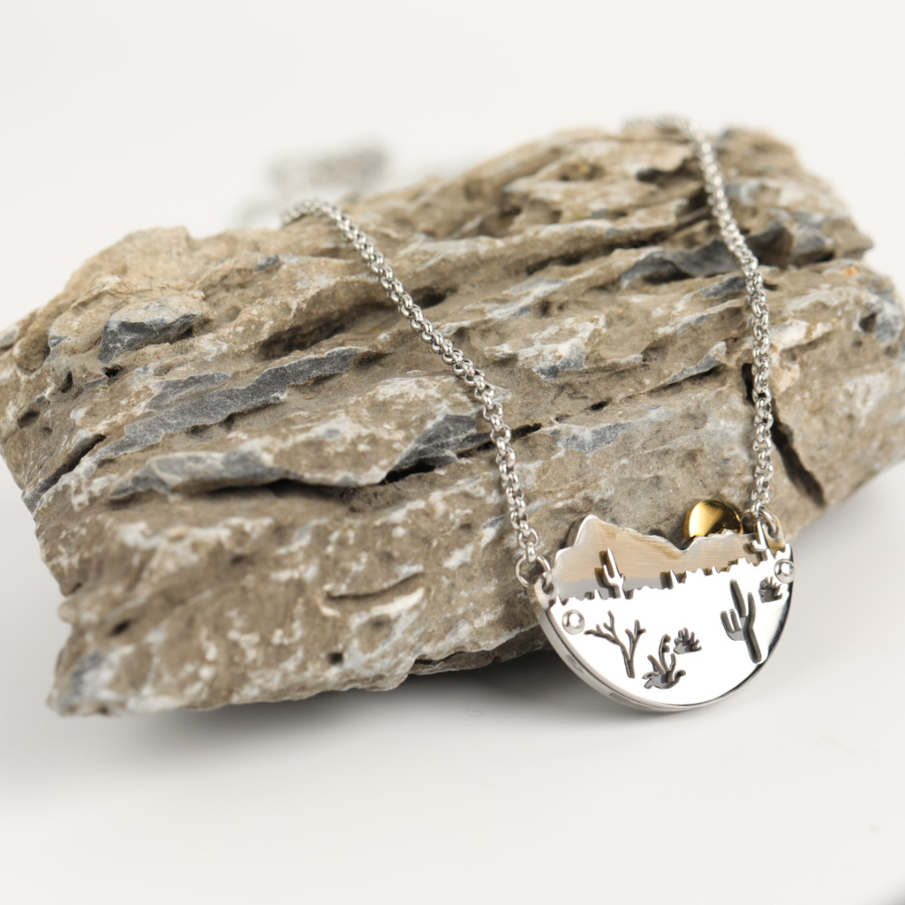 Simple Landscape Painting Sunset Mountain Pendant Stainless Steel Necklace