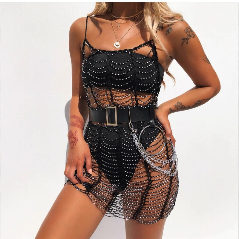 European and American Cross-border AliExpress Beach Vacation Sexy Vacation Hand-crocheted Hollow-out Beaded Blouse Dress