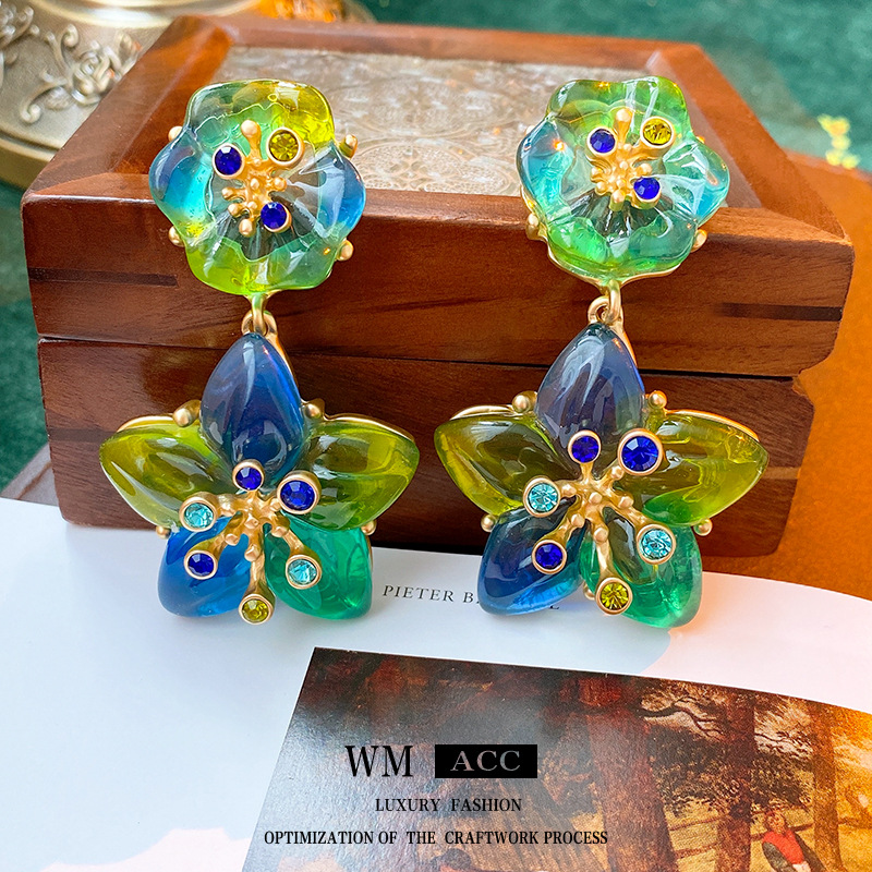 银针星星花朵耳坠 真金电镀欧美夸张重工小众个性耳环 中古风耳饰