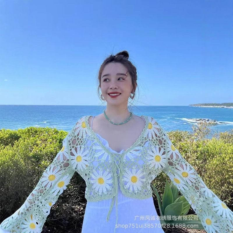 Sweet Daisy Knitted Hollow Cardigan Lace-Up New Long Sleeve Short Bohemian Summer Knitted Sweater Top Cover Sweet Daisy Knitted Hollow Cardigan Lace-Up New Long Sleeve Short Bohemian Summer Knitted Sweater Top Cover