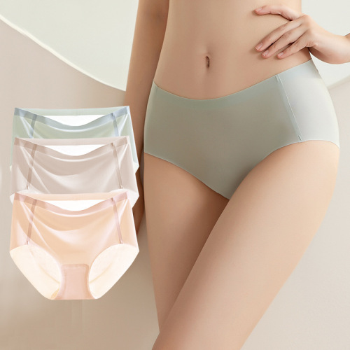 Women's Summer Ice Silk Seamless Breathable Mid-waist Sexy Belly Controlling Large Size Thin Silk Antibacterial Crotch Women's Briefs