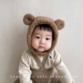 宝宝帽子冬季可爱小熊毛绒帽婴幼儿保暖防风护耳帽造型帽韩版百搭