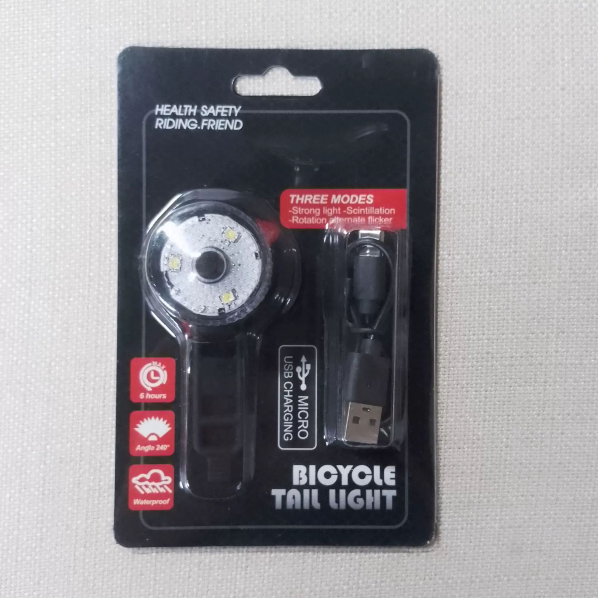 Bicycle tail light, USB‑rechargeable waterproof LED, 3 modes, universal mount