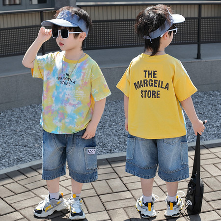 7289 Traje de verano para niños 2025 Nueva camiseta de manga corta con estampado de tie-dye para niños Verano fresco y atractivo de dos piezas Verano 5