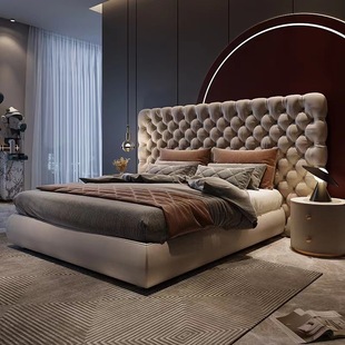 Italian Post-Modern Simple Double Bed 1.8m Accessible Luxury Pull-Button Genuine Leather First-Layer Cowhide Bed Small Apartment Scandinavian Wedding Bed