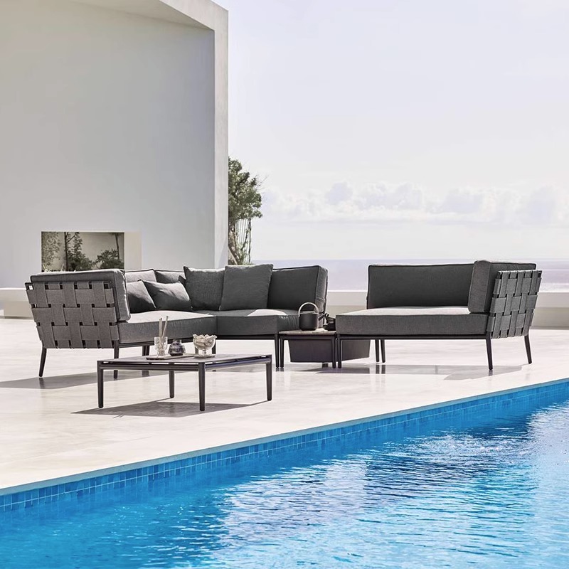 北歐戶外休閒藤編沙發庭院藤椅茶几酒店露天織帶防水防曬家具組合