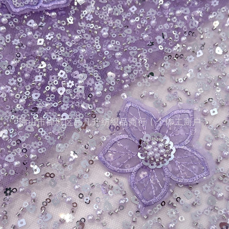 Moda full sequinilla tubo de perlas bordado tela de encaje estereoscópico mano calcomanías tela de vestido de boda alta fijación
