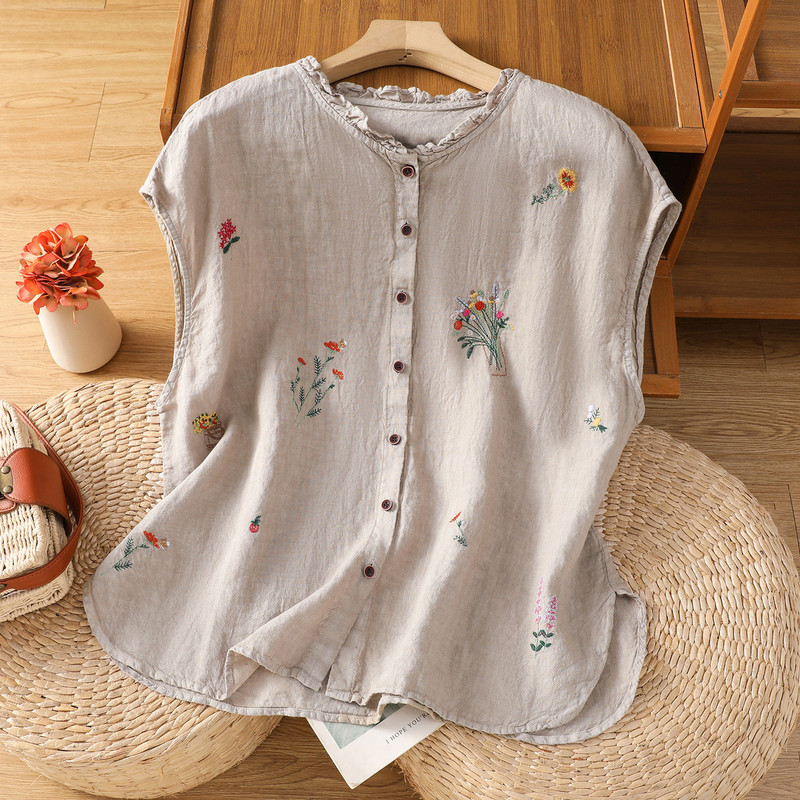Artistic Age-Reducing Embroidered Cotton and Linen Sleeveless Shirt for Women, Summer Ruffle Collar Stylish Blouse, Casual Versatile Vest for Women Artistic Age-Reducing Embroidered Cotton and Linen Sleeveless Shirt for Women, Summer Ruffle Collar Stylish Blouse, Casual Versatile Vest for Women
