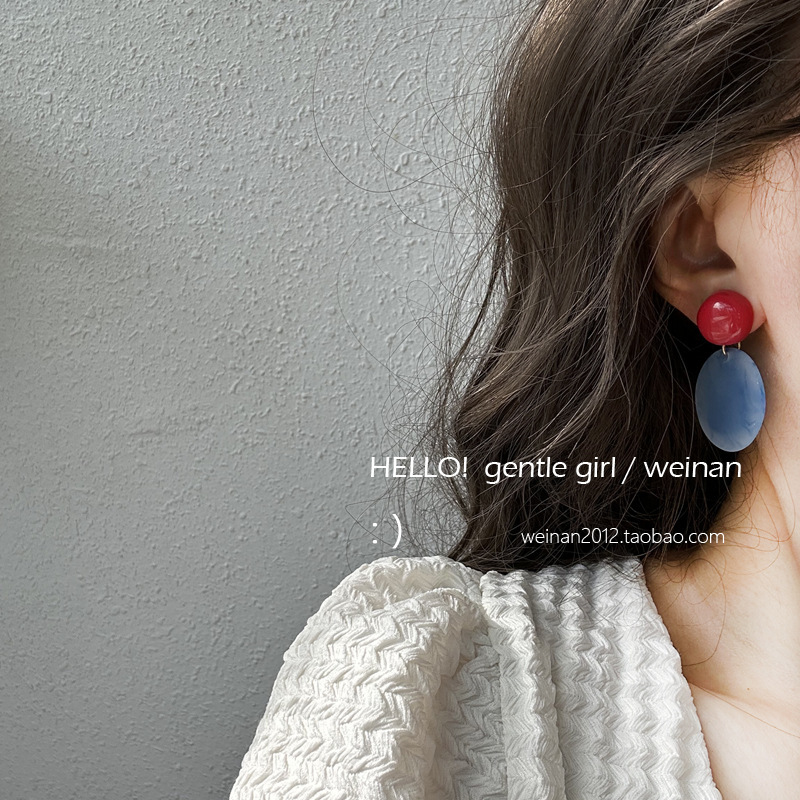 Blue Mist Geometric Circle Non-Pierced Ear Clip Autumn and Winter Haze Blue Atmospheric Fashion Retro Hong Kong Style Earrings Jewelry