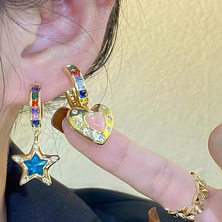 1 Pair Cute Sweet Star Heart Shape Asymmetrical Copper Drop Earrings display picture 2