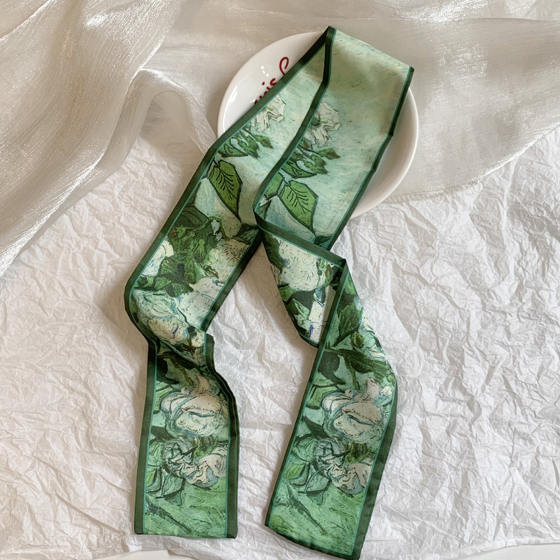 Pañuelo de seda largo, atmósfera coreana, nueva serie fresca, temperamento, pañuelo en la cabeza de alta gama, cinta para el cabello, bolsa para el cabello, cinta