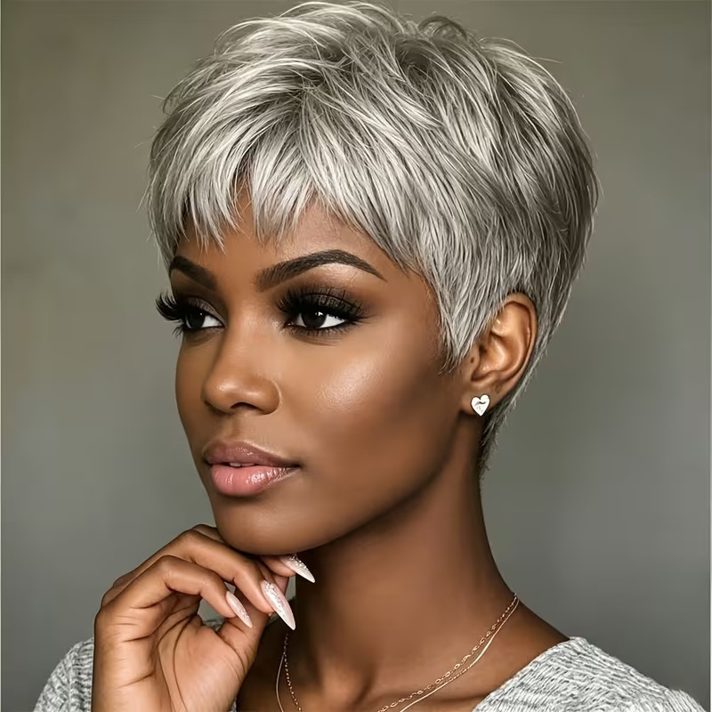 Cross-border short, gradient-colored, voluminous, and fluffy elf-style wig with side-swept bangs, suitable for middle-aged and elderly women, in silver-gray Cross-border short, gradient-colored, voluminous, and fluffy elf-style wig with side-swept bangs, suitable for middle-aged and elderly women, in silver-gray