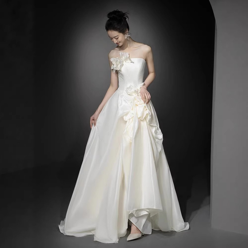 French-Style Satin Light Wedding Dress, High-End Niche Strapless Floral Gown, Forest-Style Classy Reception and Exit Dress French-Style Satin Light Wedding Dress, High-End Niche Strapless Floral Gown, Forest-Style Classy Reception and Exit Dress
